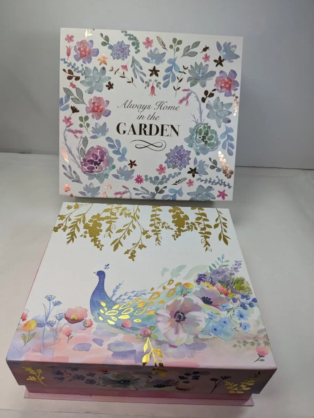 Nesting Decorative Gift Boxes Peacock Floral Watercolor Gold Foil Set of 2